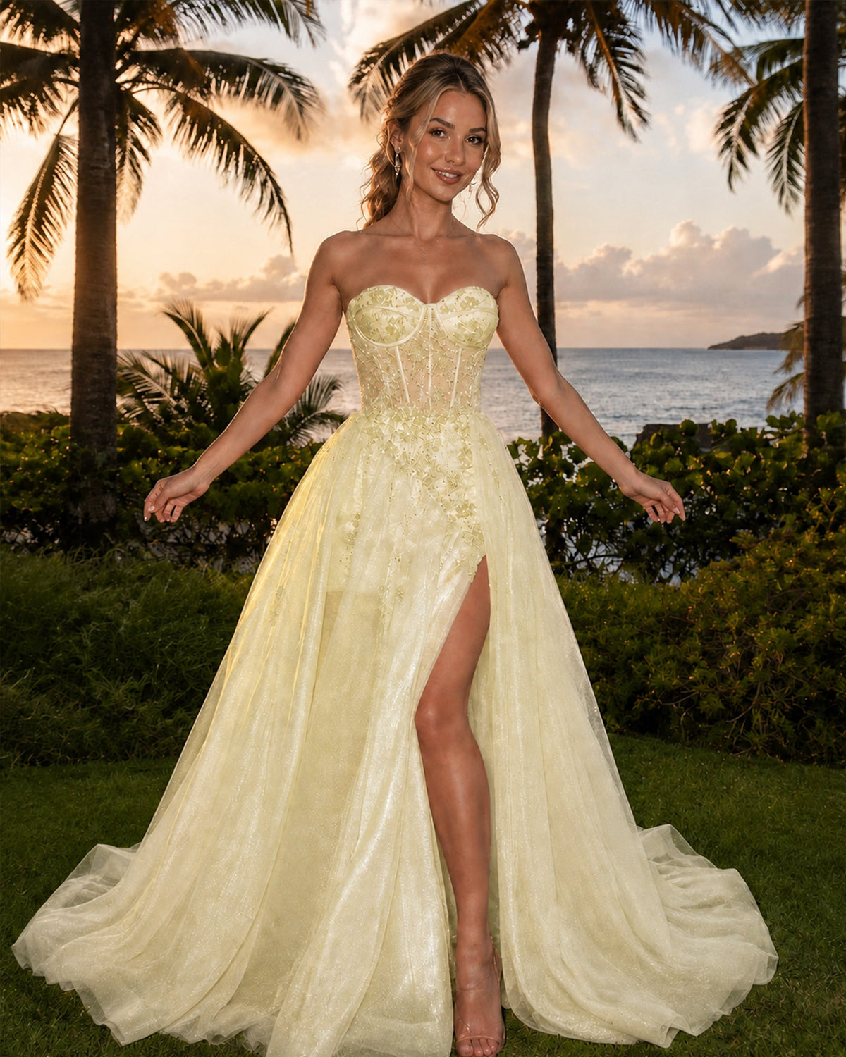 Cream strapless A-line prom dress with floral applique tulle, corset bodice and thigh slit