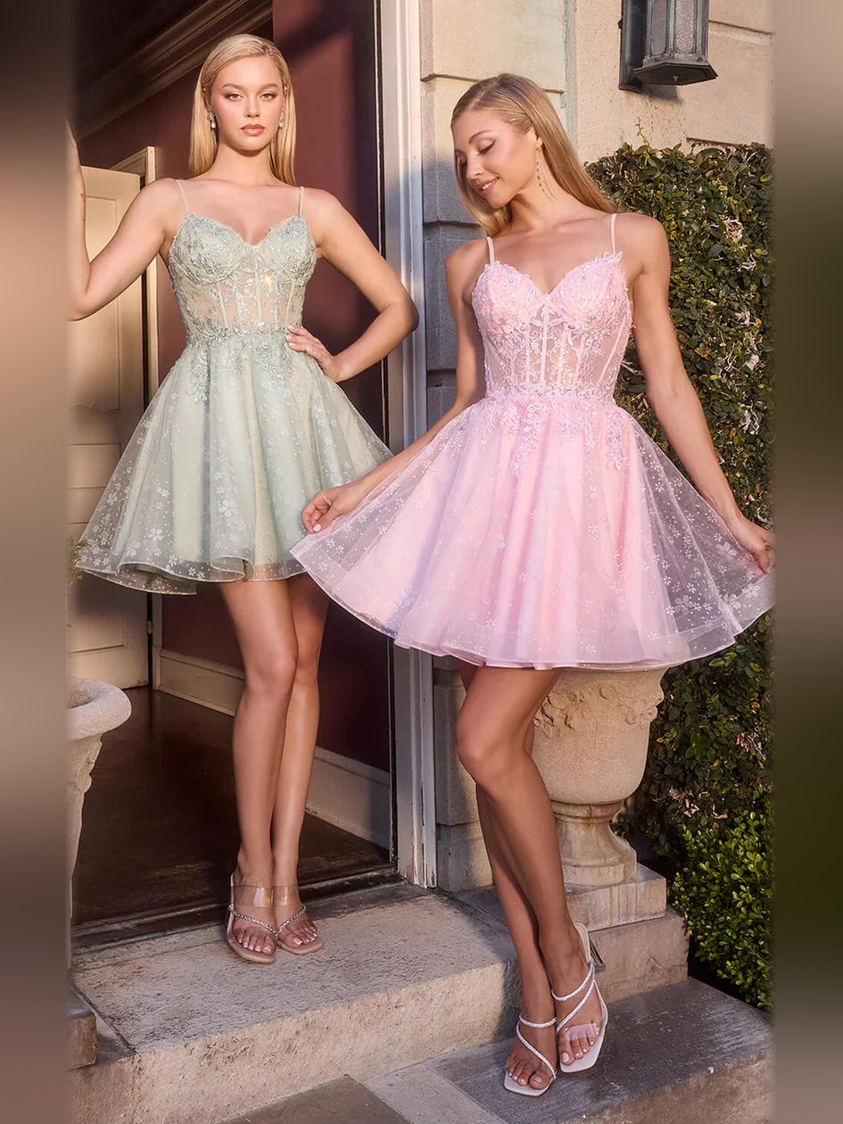 Light pink sweetheart corset mini tulle dress with lace bodice and flared A-line skirt