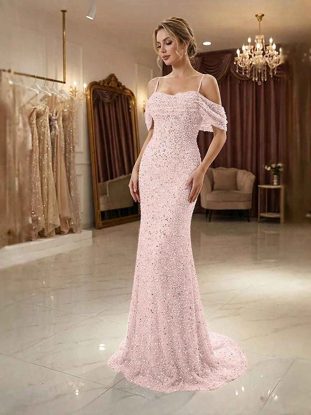 Pink beaded off-shoulder mermaid prom dress with ruffled sleeve detail, floor-length.