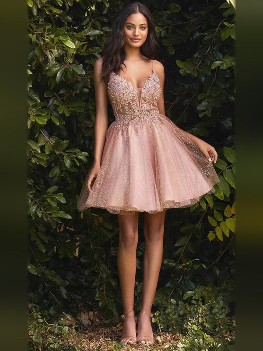 Glitter floral V-neck A-line mini tulle dress, blush pink, beaded fitted bodice