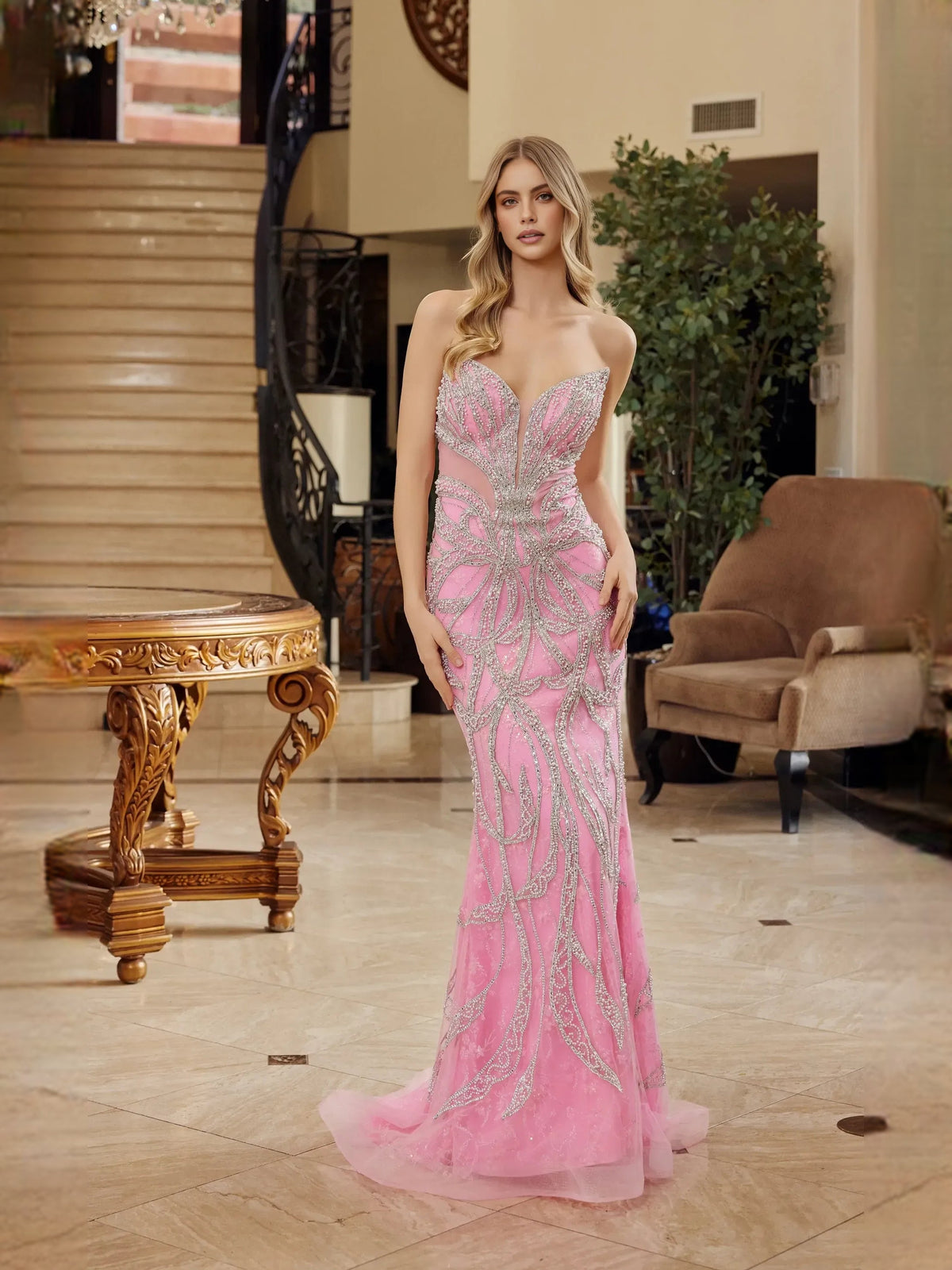 Pink beaded mermaid prom dress, V-neck corset with tulle mermaid skirt