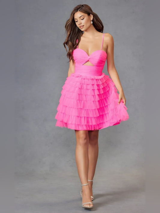 Pink sweetheart corset mini dress with cut-out bodice and tiered ruffled tulle A-line skirt