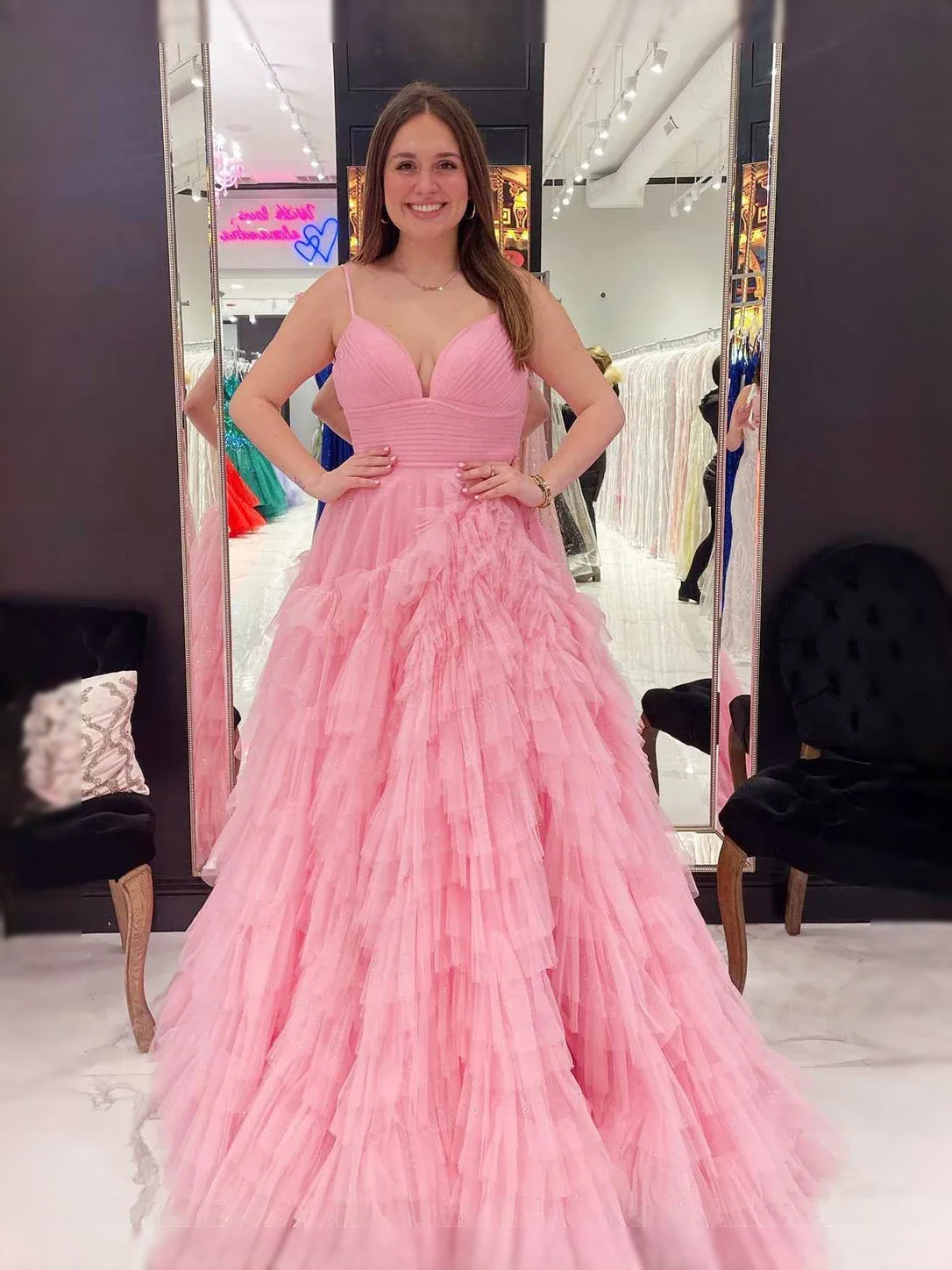 Pink V-neck A-line maxi tulle prom dress with tiered ruffle skirt and draped bodice