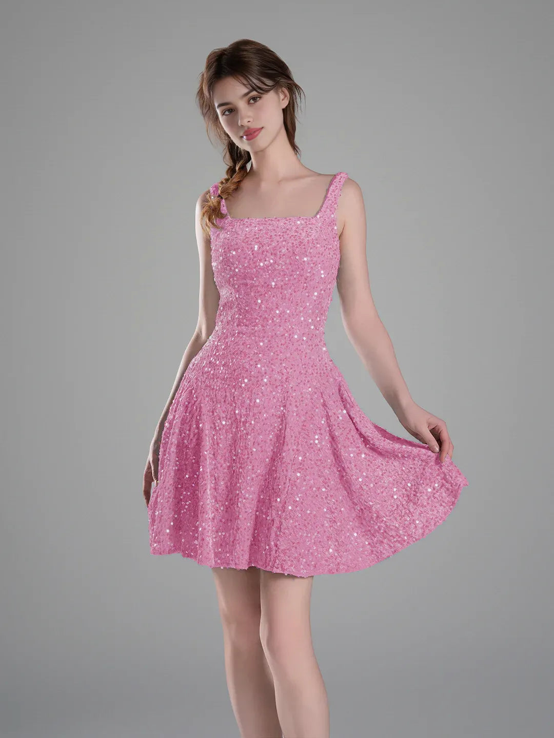 Pink sequin square-neck A-line mini homecoming dress with thin straps