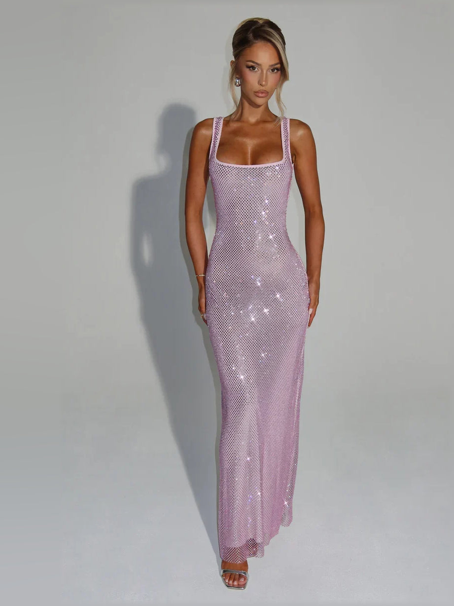 Light purple sequin mermaid formal dress with square neckline and thin straps