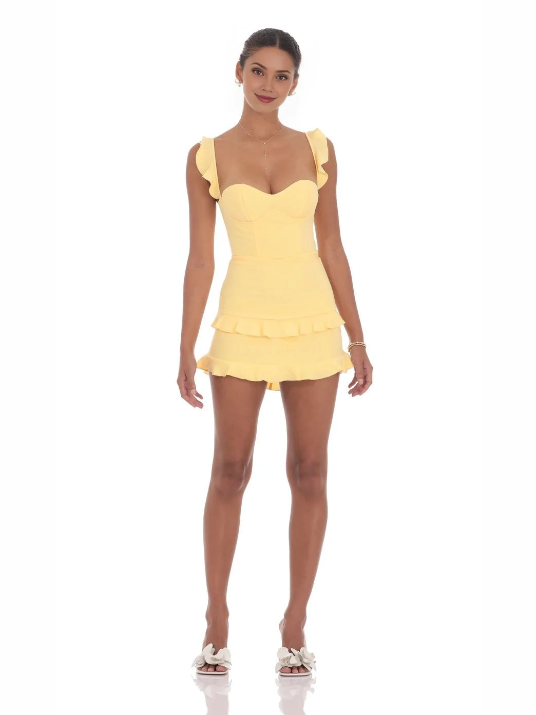 Canary yellow sweetheart mini dress with layered ruffle skirt, sleeveless fitted bodice
