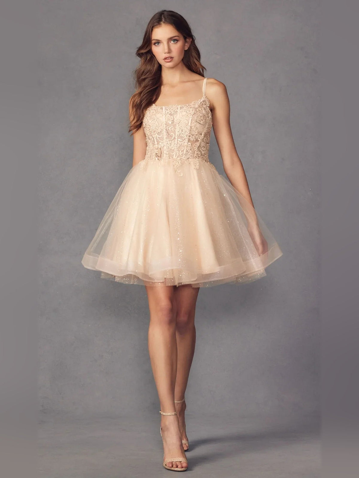 Floral A-line short tulle homecoming dress in champagne tone with corset bodice