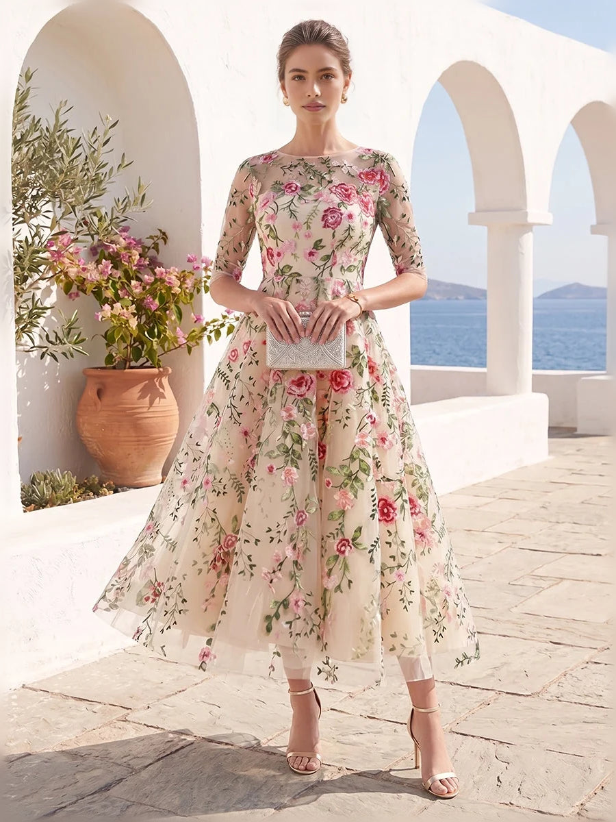 Champagne tulle tea-length A-line dress with embroidered floral long sleeves