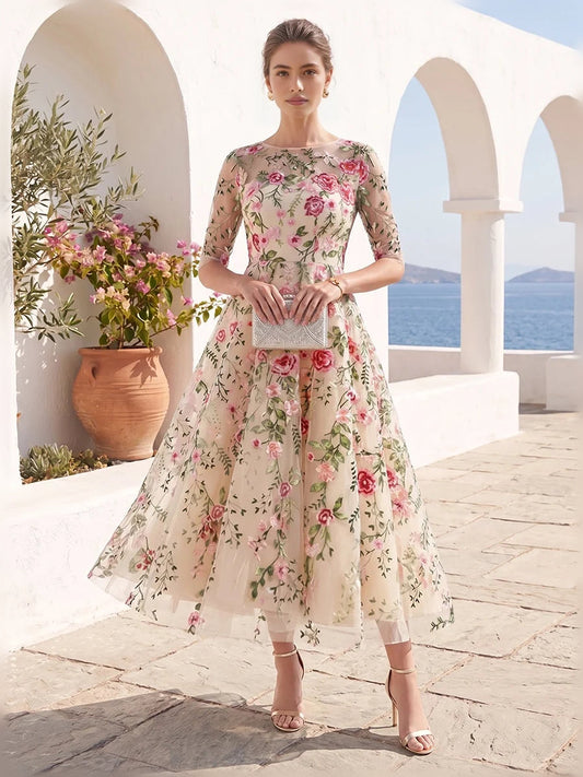 Champagne tulle tea-length A-line dress with embroidered floral long sleeves