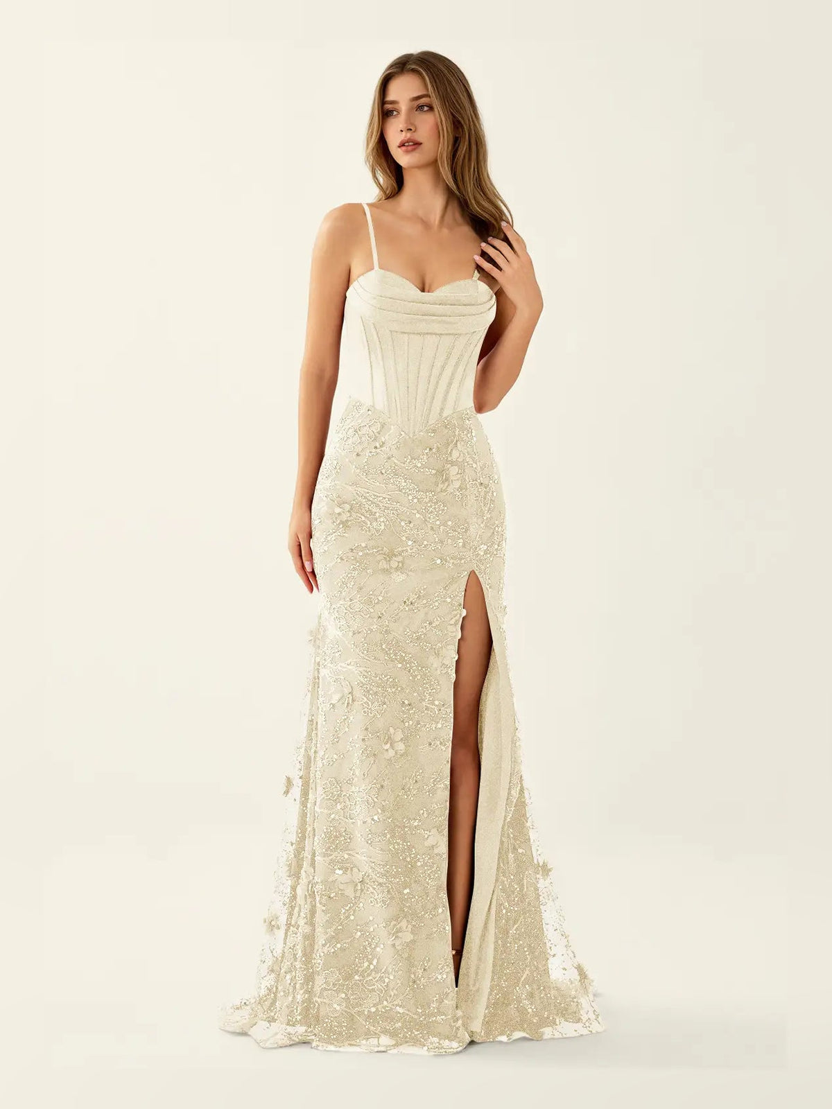 Champagne sweetheart corset mermaid maxi dress with lace texture and side slit