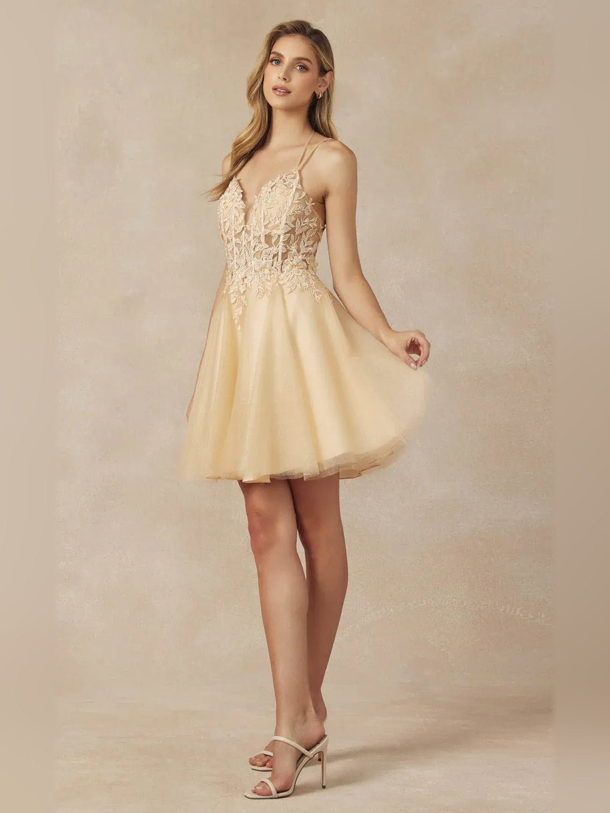 Champagne floral lace corset V-neck A-line short tulle homecoming dress