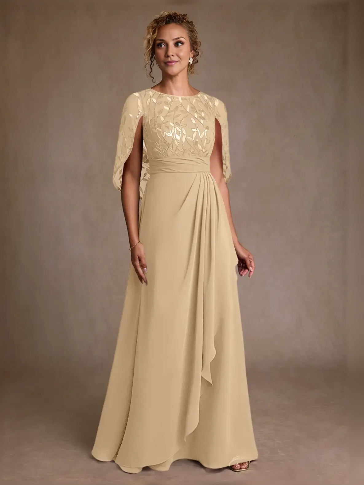 Embroidered chiffon A-line maxi dress with cape sleeves, draped skirt, champagne