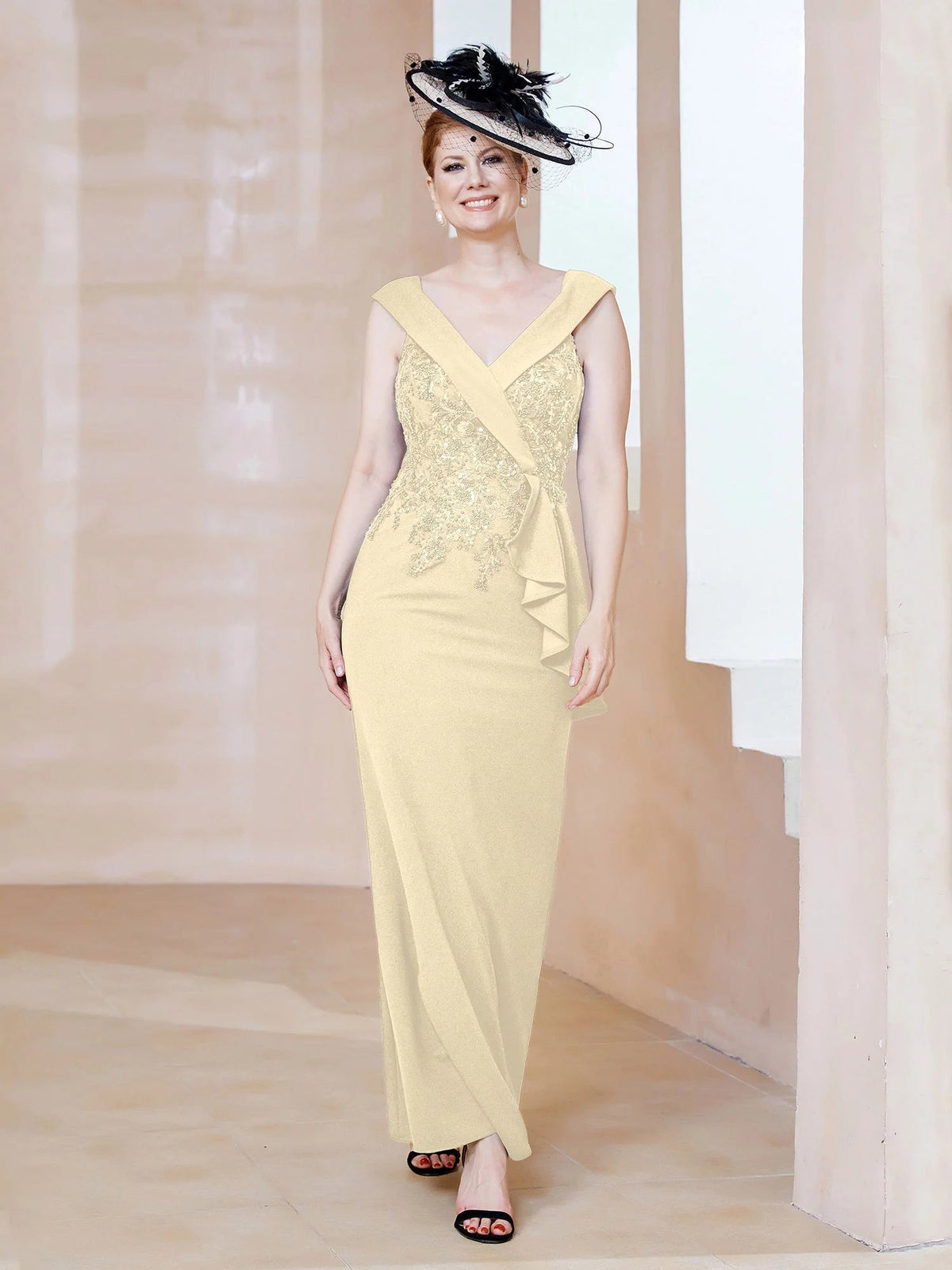 Champagne sleeveless V-neck mermaid maxi dress with ruffled diagonal overlay