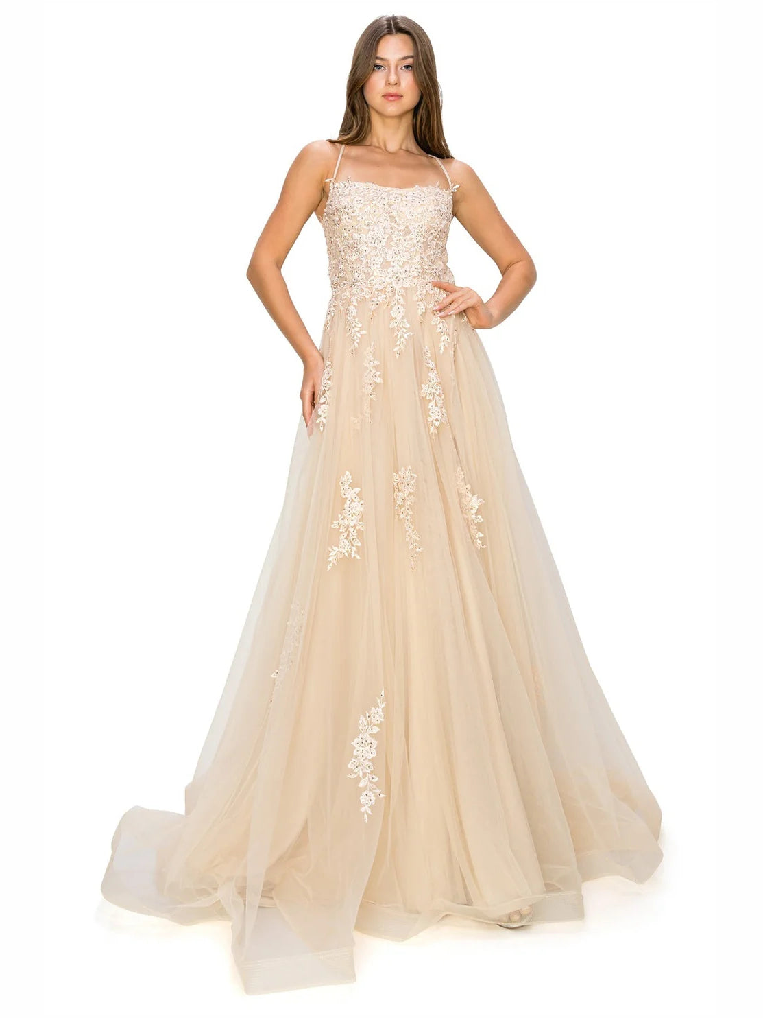 Champagne tulle prom dress with beaded bodice and floor-length A-line skirt
