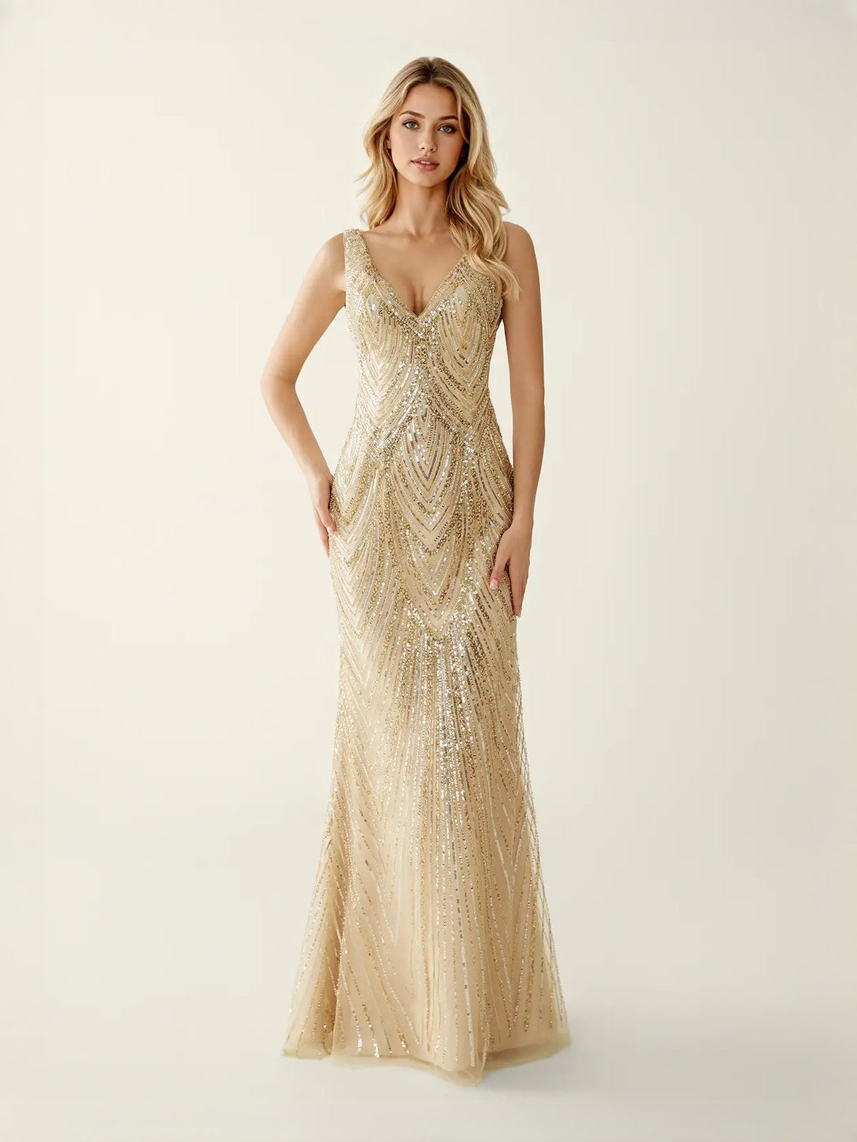 Champagne sequin V-neck mermaid maxi prom dress, sleeveless, fitted with flared hem