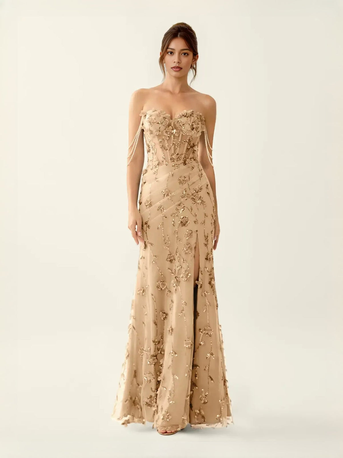 Champagne sweetheart corset prom dress with floral appliques, mermaid maxi and front slit