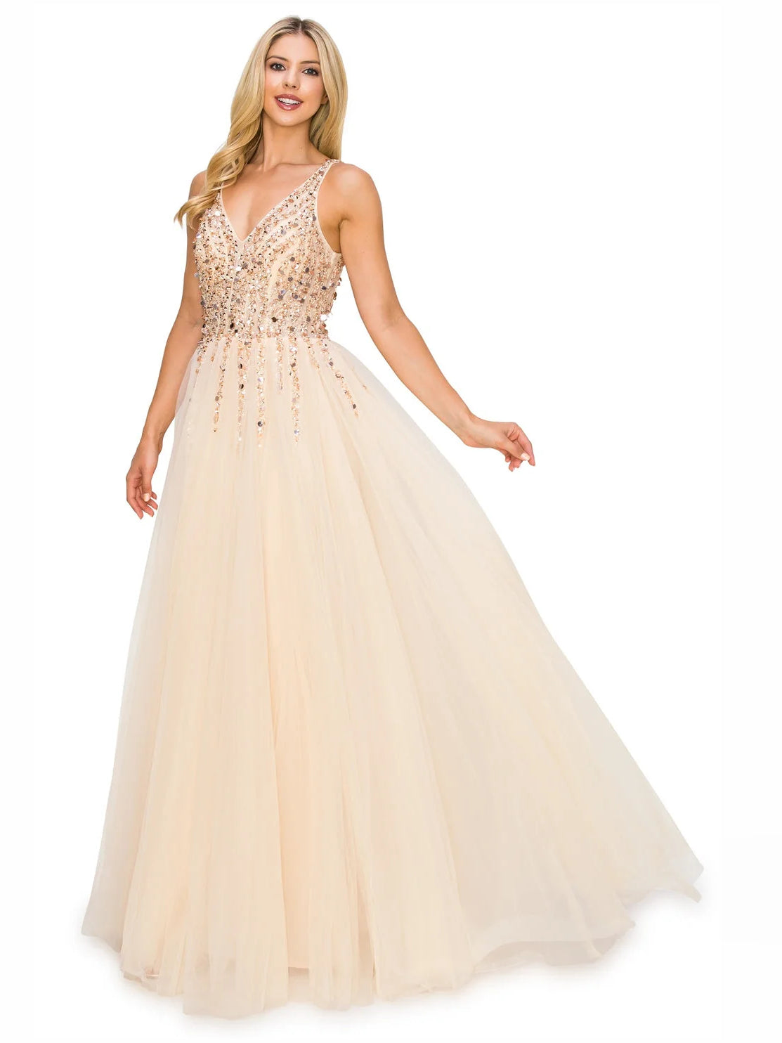 Champagne beaded V-neck A-line floor-length formal dress, layered tulle skirt