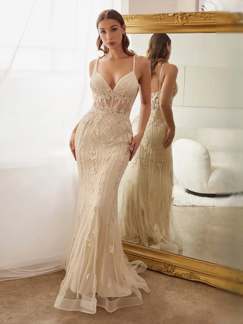 Champagne V-neck sequin mermaid prom gown with corset bodice and lace tulle overlay