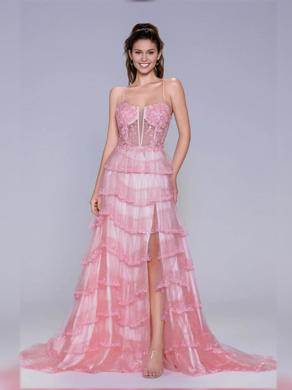 Light pink floral print tiered floor-length formal dress with ruffle skirt and straps