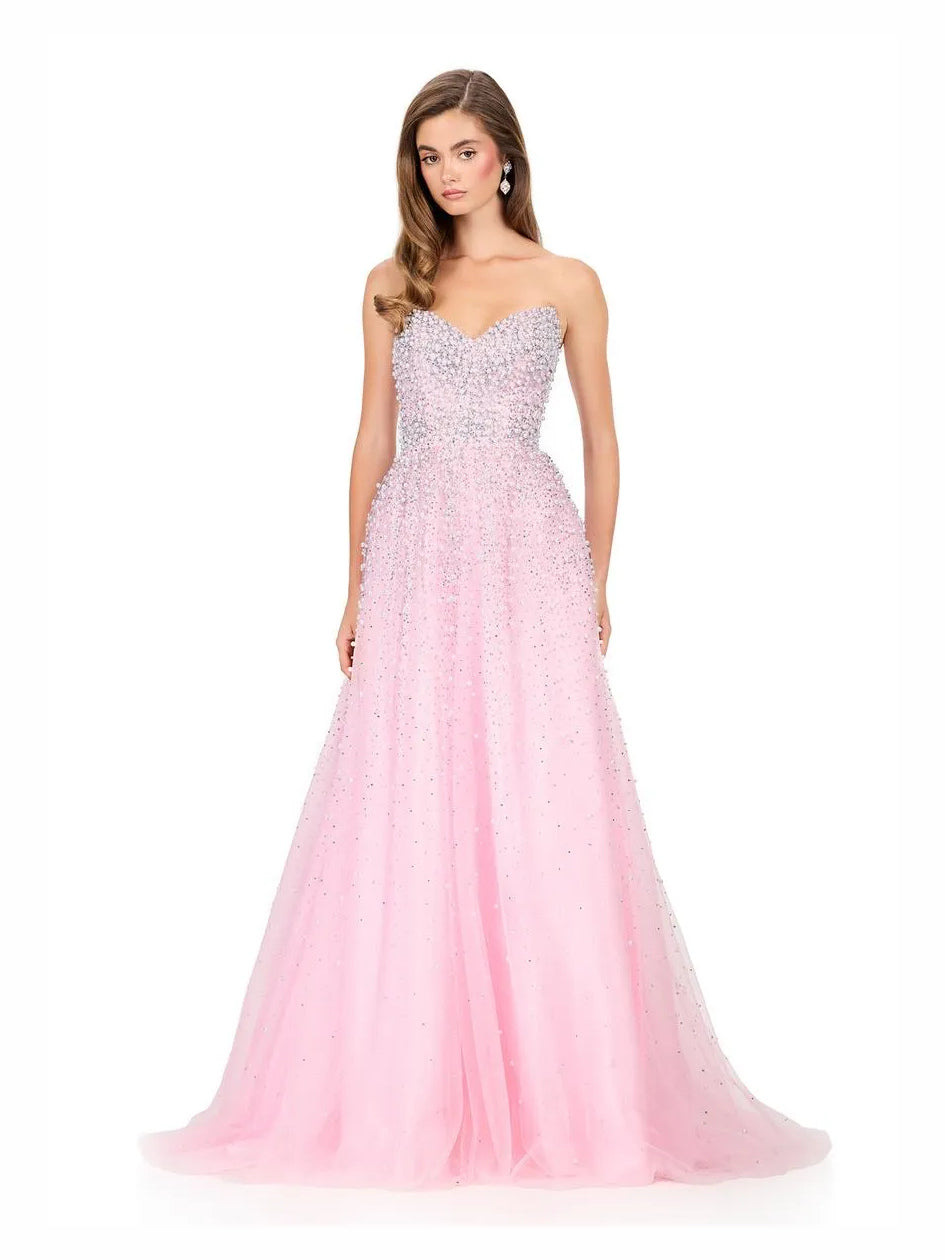 Pink beaded sweetheart A-line prom dress with corset bodice, floor-length tulle