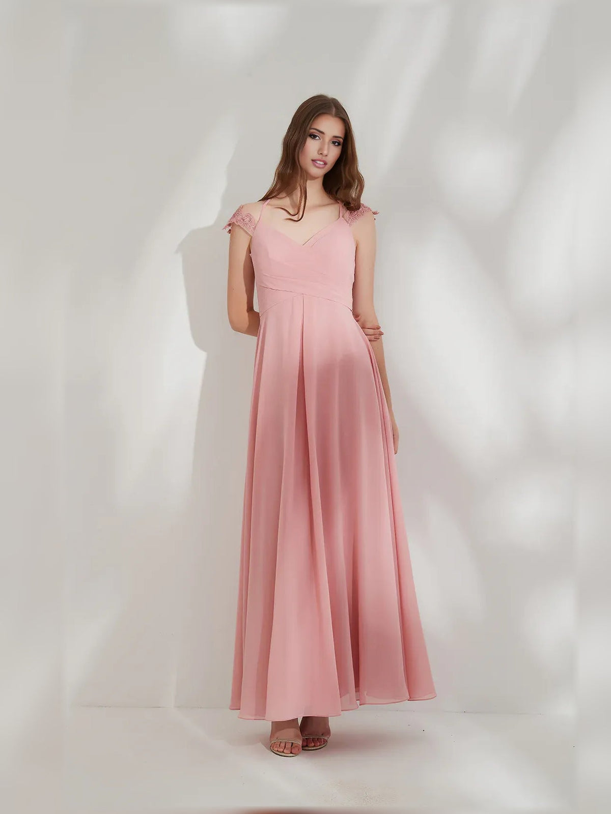 Peach V-neck ruching A-line formal maxi dress with cap sleeves and flowing hem