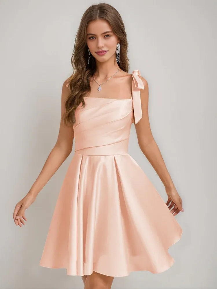 Peach satin corset square-neck A-line short dress with side bow strap