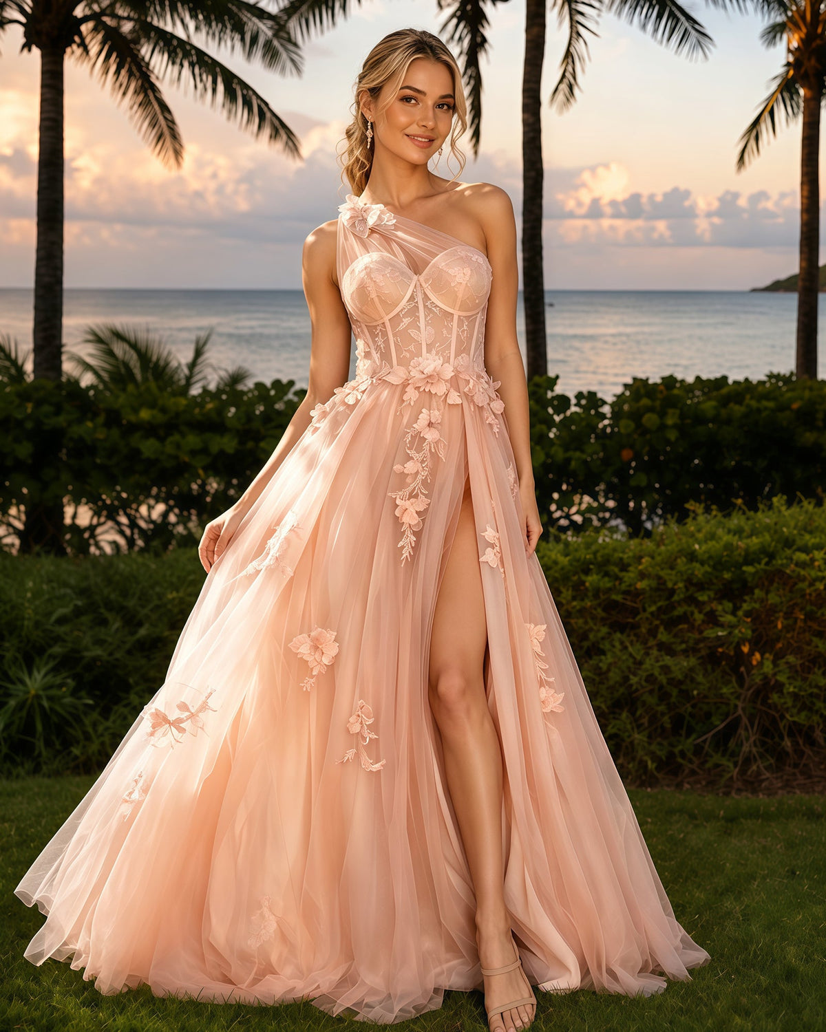 One-shoulder tulle prom dress in blush with floral appliques and high slit