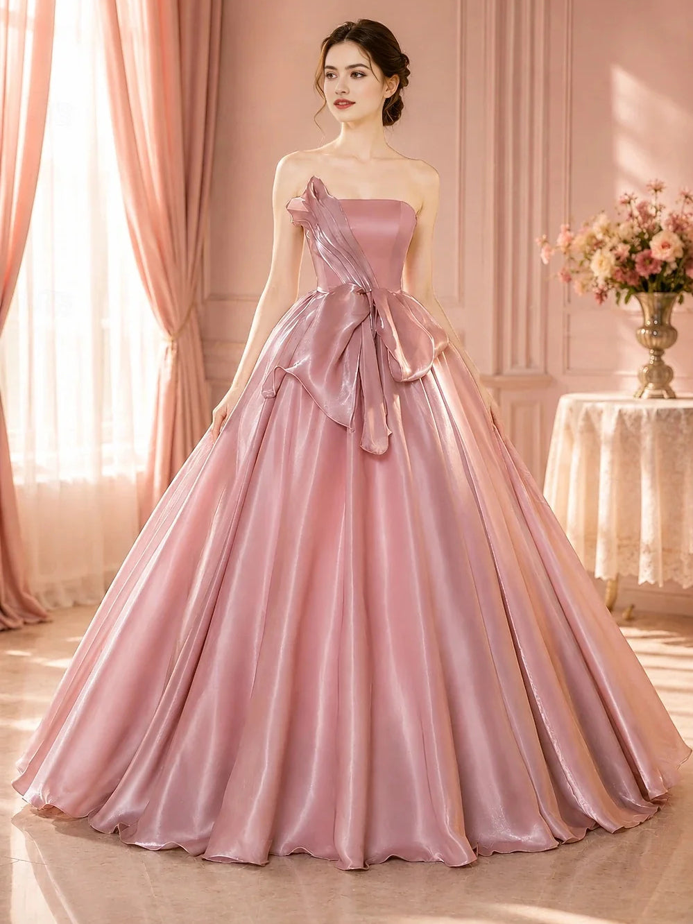 Blush pink satin strapless corset bow A-line prom dress with floor-length full skirt