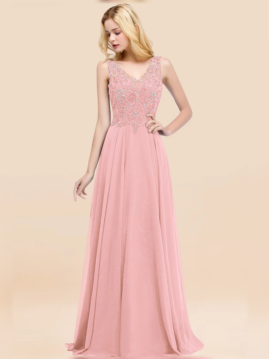 Blush pink V-neck A-line chiffon bridesmaid dress with lace bodice, sleeveless