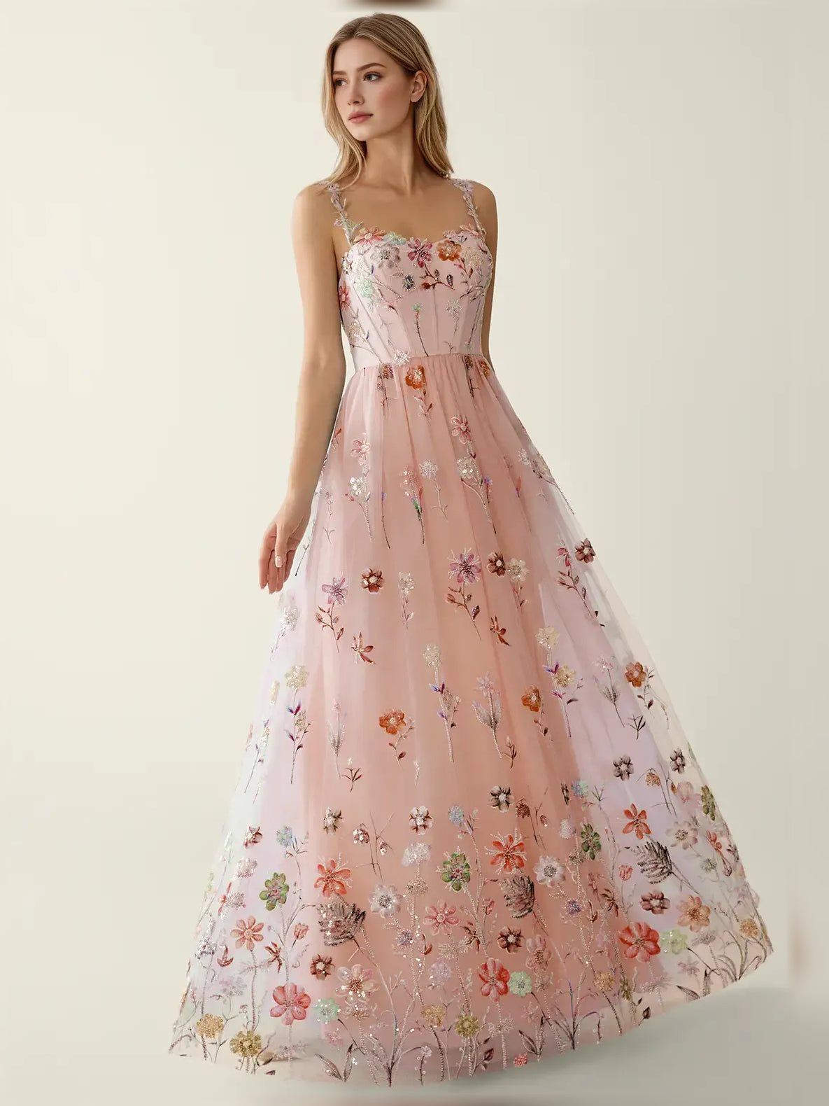 Blush pink floral sequin fit-and-flare formal dress with sweetheart neckline and full skirt