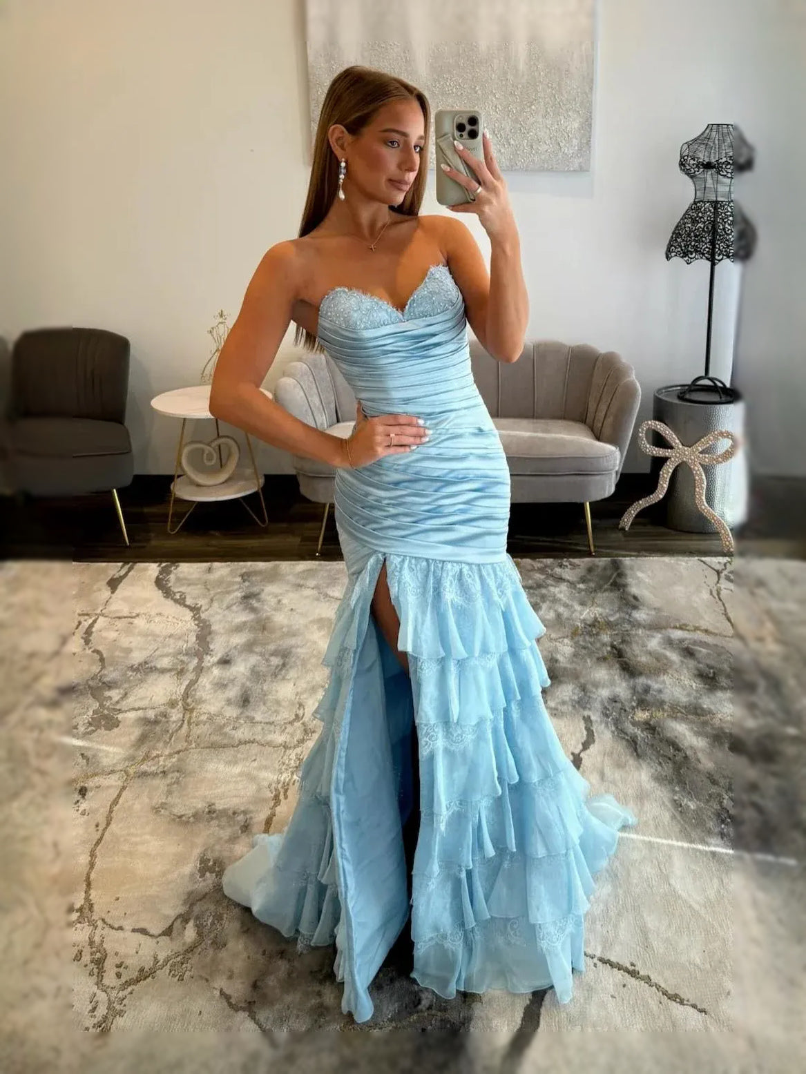 Light blue ruched sweetheart corset prom dress with tiered ruffle tulle skirt