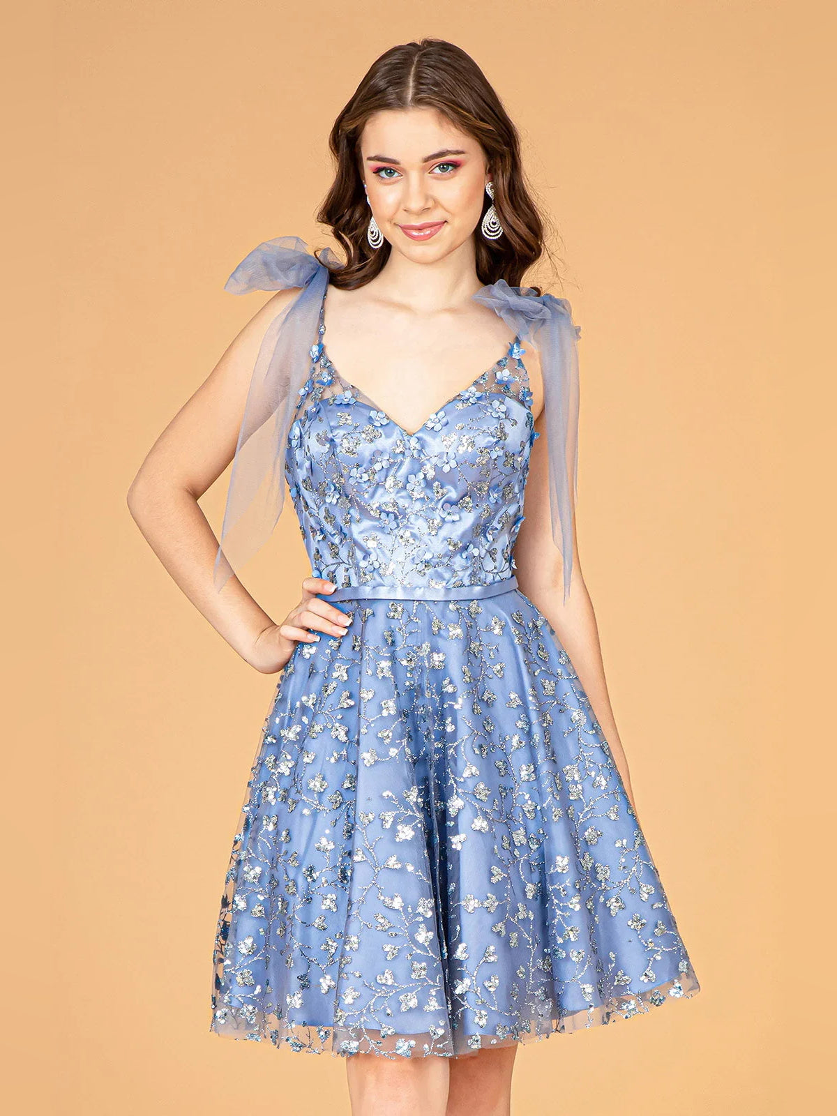Light blue floral corset mini tulle dress with V-neck and bow shoulder tulle ties