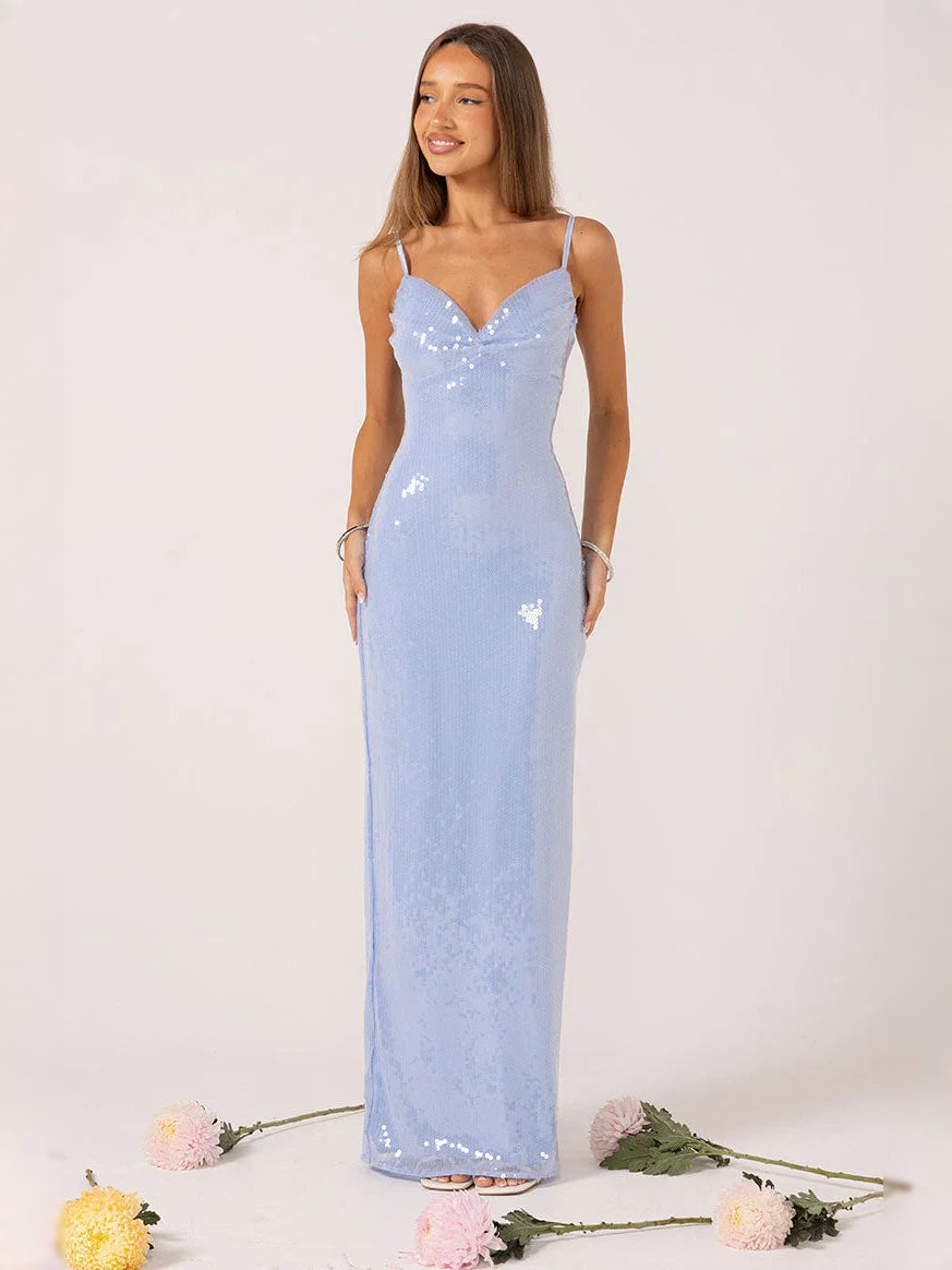 Light blue sequin maxi sheath dress with V-neck and thin straps