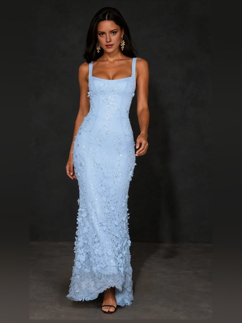 Light blue floral square-neck corset mermaid prom dress with thin straps and lace applique