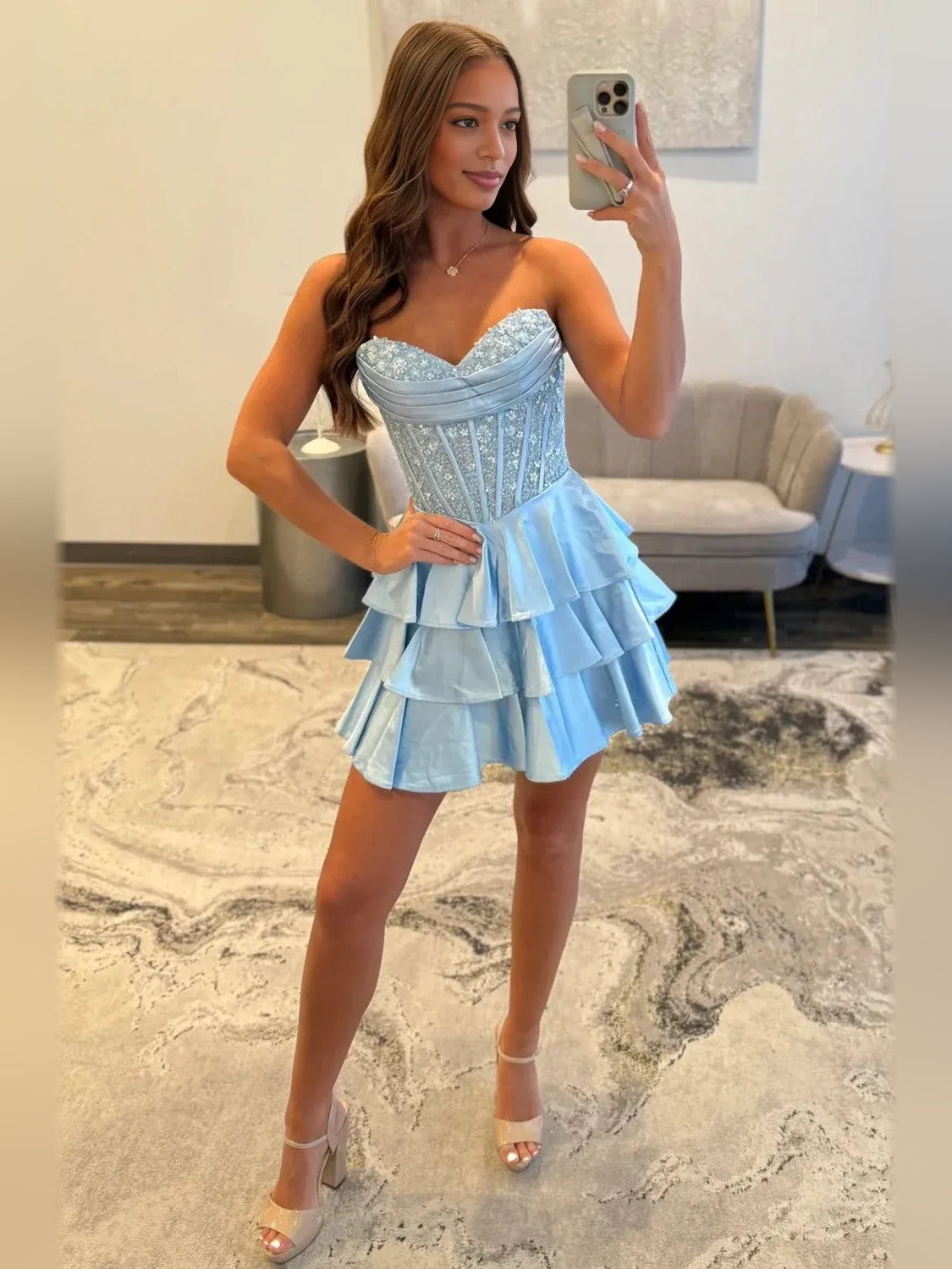 Light blue sweetheart mini satin dress with corset bodice and tiered ruffle skirt