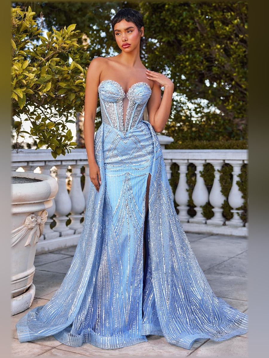Powder blue strapless corset mermaid formal dress with layered sequin fringe and slit