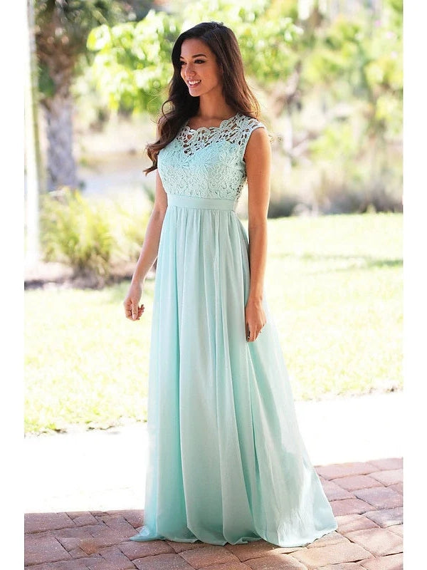 Light blue chiffon A-line maxi bridesmaid dress with lace jewel neckline and full skirt