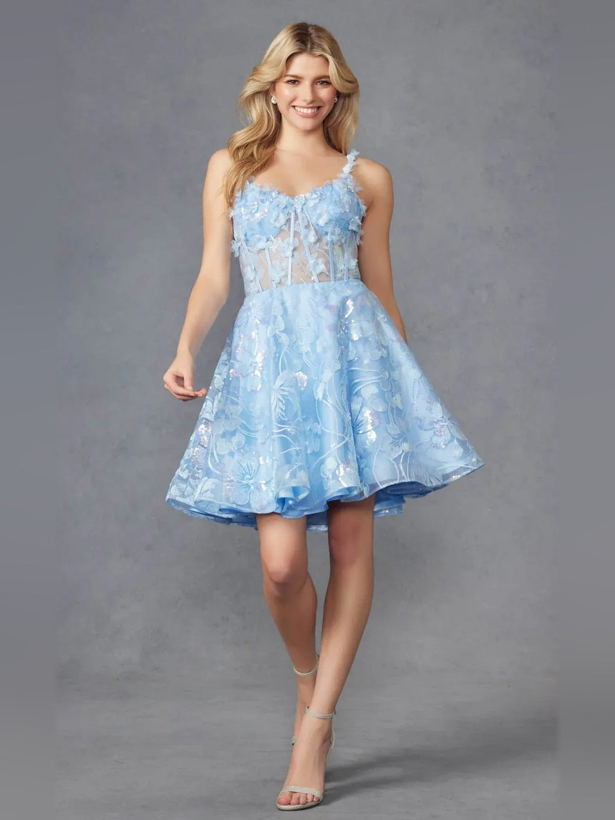 Light blue sweetheart corset short tulle homecoming dress with floral detail, A-line skirt