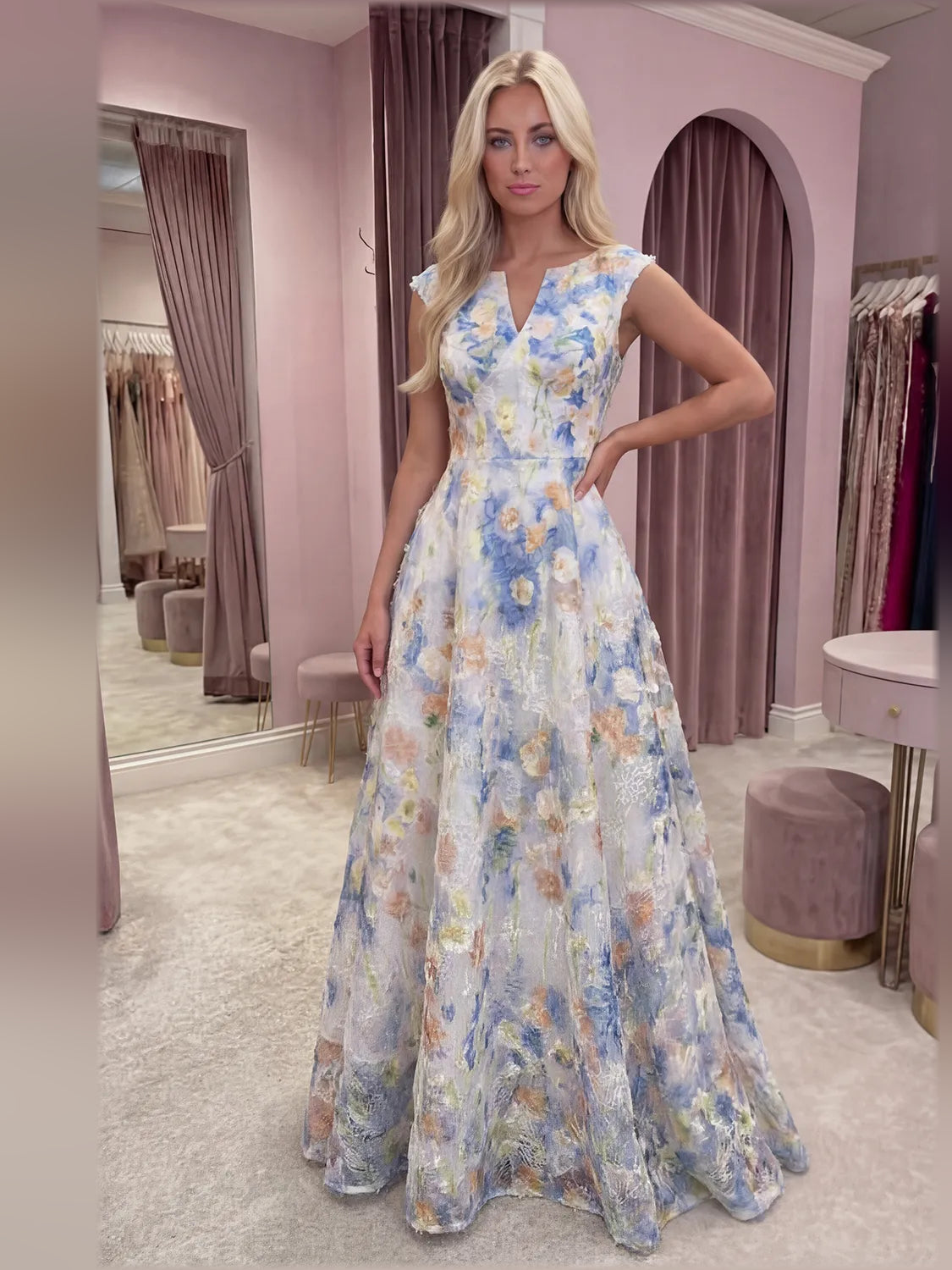 Light blue floral tulle A-line formal dress with notch neckline, full skirt, floor-length