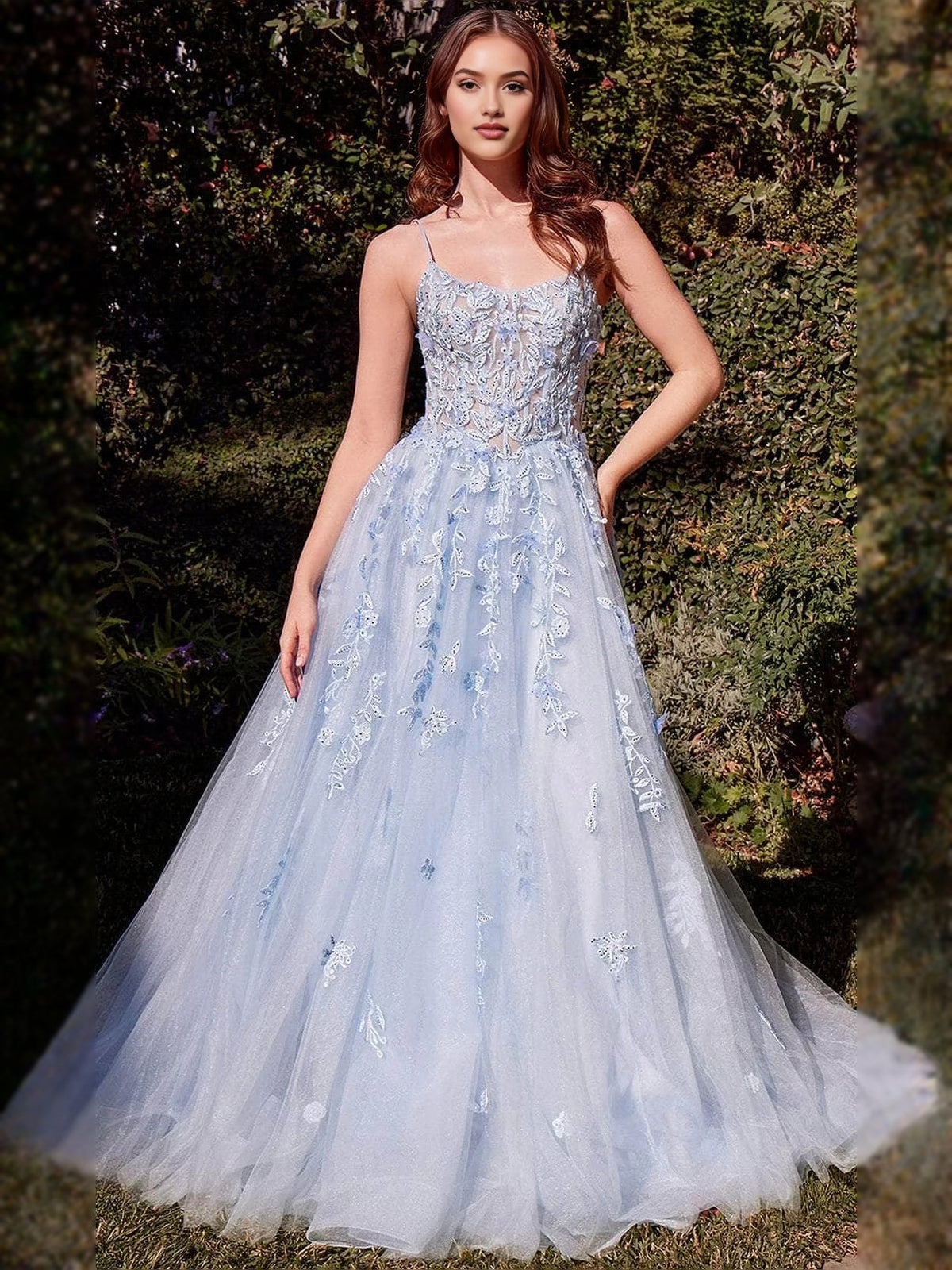 Light blue A-line tulle prom dress with floral corset embroidery and scoop neckline