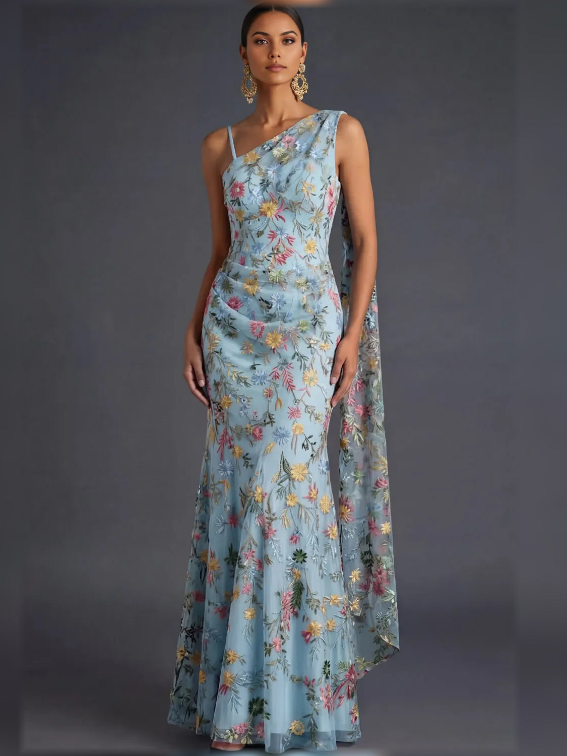 Floral print one-shoulder floor-length formal dress in light blue