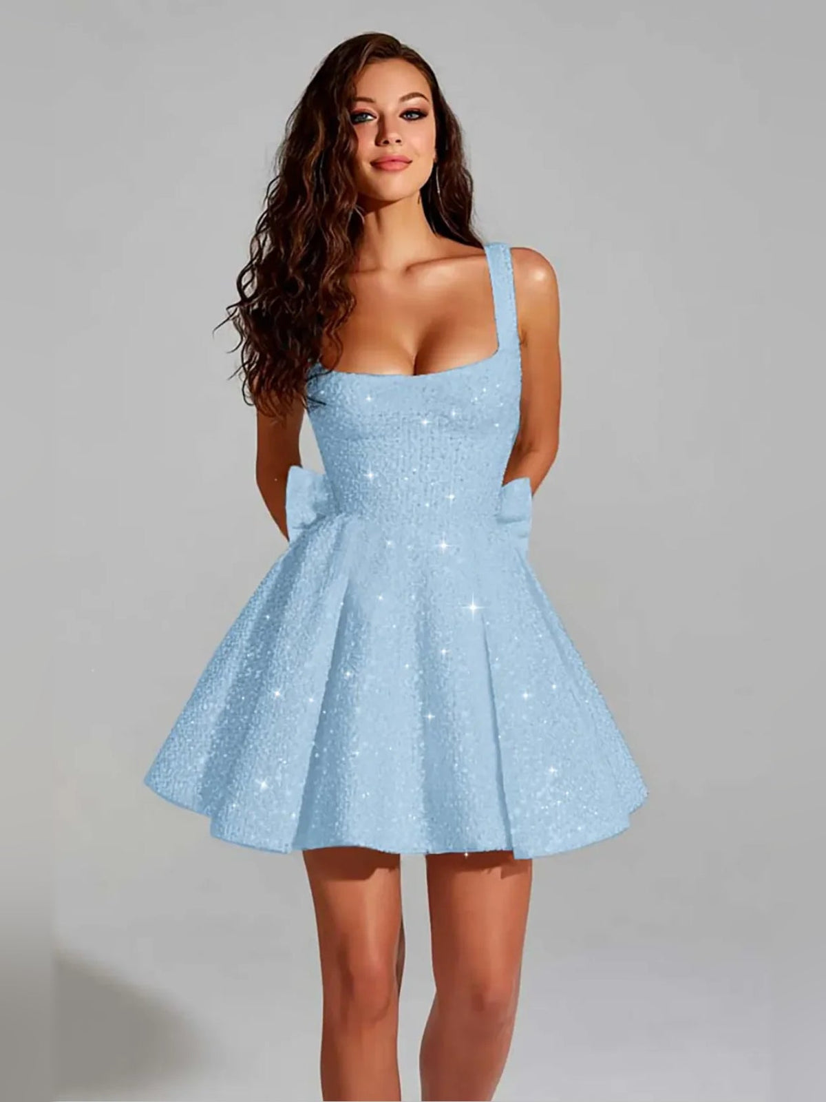 Light blue sequin square-neck A-line mini dress with flared skirt