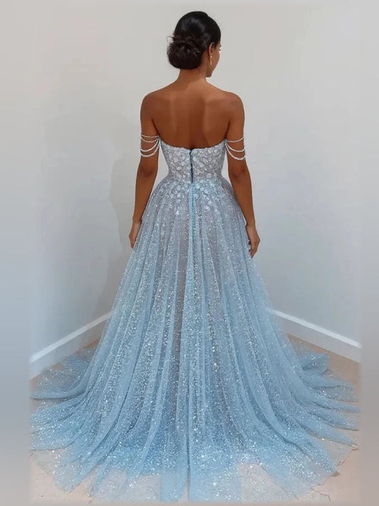 Light blue glitter tulle formal dress, open back view with off-shoulder straps
