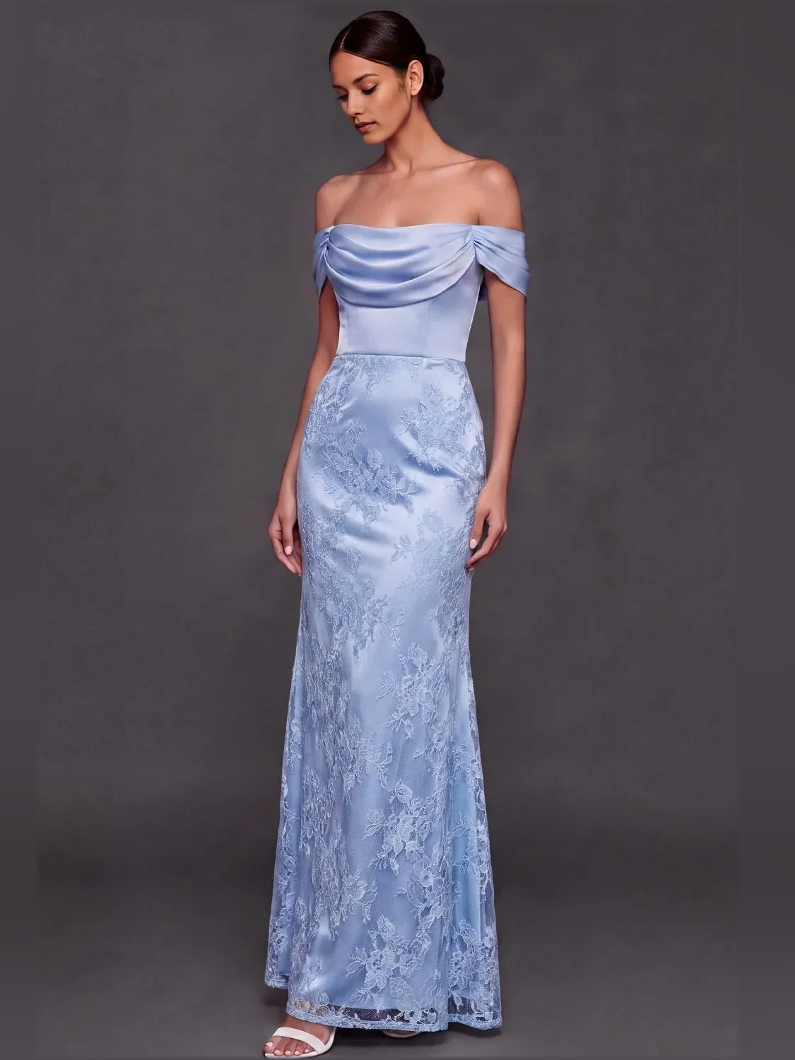 Light blue off-shoulder mermaid satin gown with draped shoulder detail and lace-textured skirt