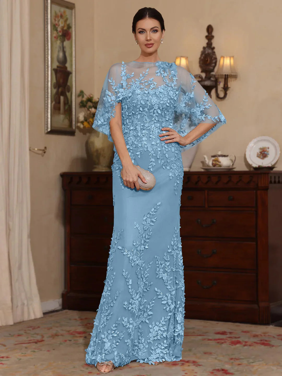 Light blue floral applique mermaid dress with sweetheart neckline, cape sleeves