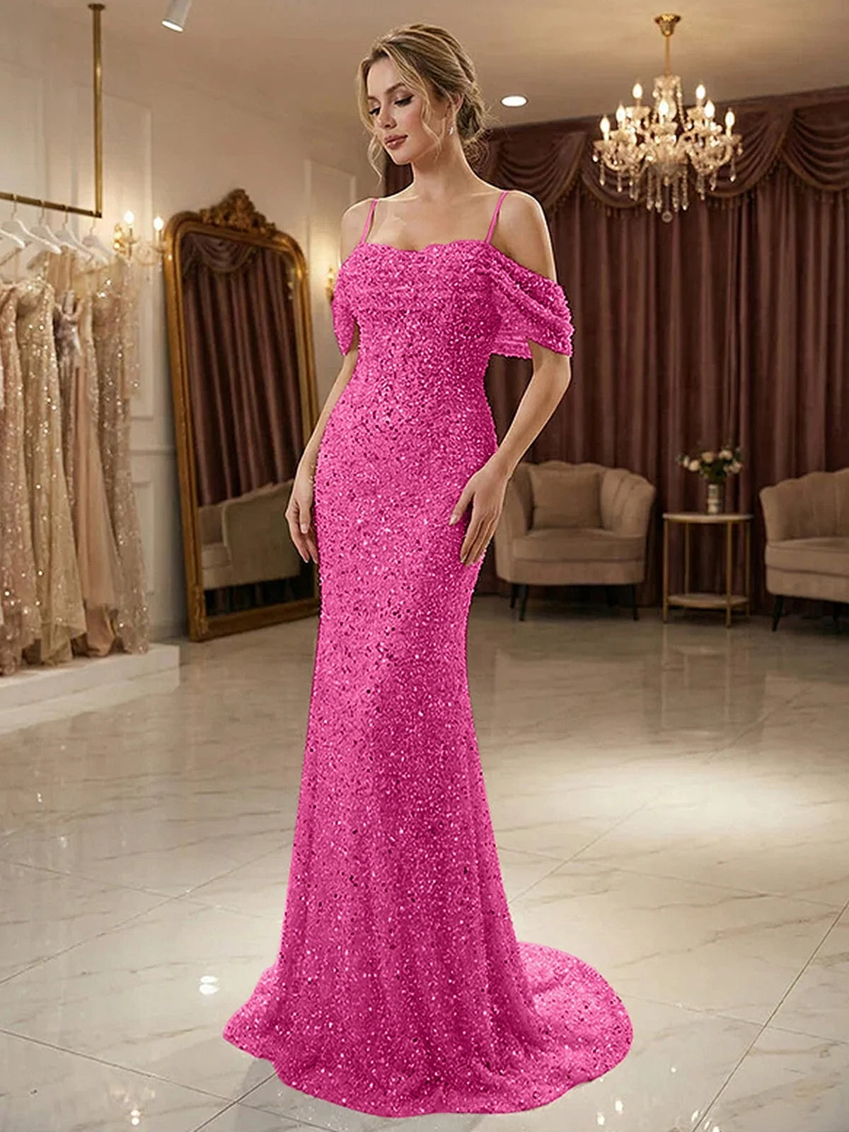 Hot pink beaded off-shoulder mermaid prom dress with ruffled sleeve detail, floor-length.