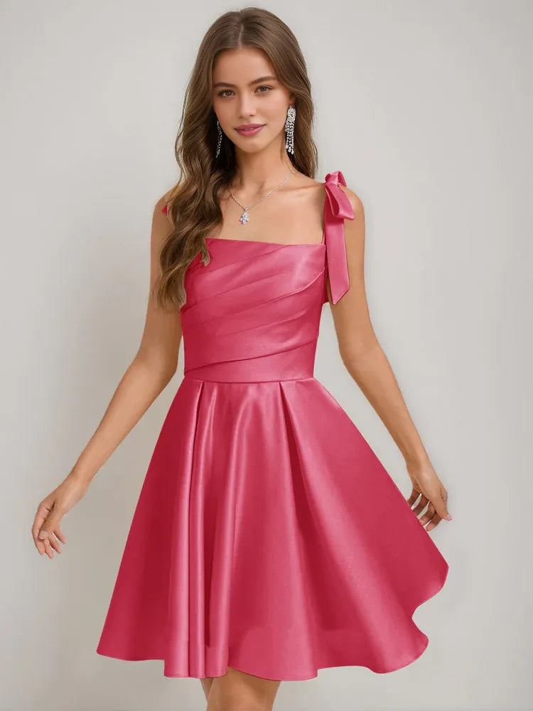 Hot pink satin corset square-neck A-line short dress with side bow strap