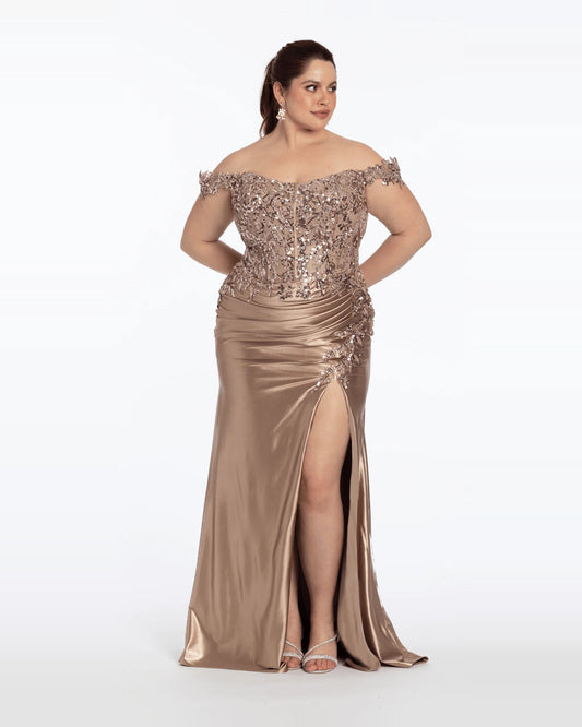 Brown off-shoulder column maxi dress with sparkling sequin neckline, ruched waist, side slit