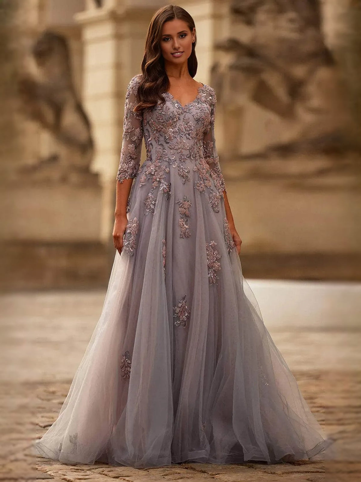 Floral appliqué V-neck floor-length formal dress with sheer sleeves and tulle skirt