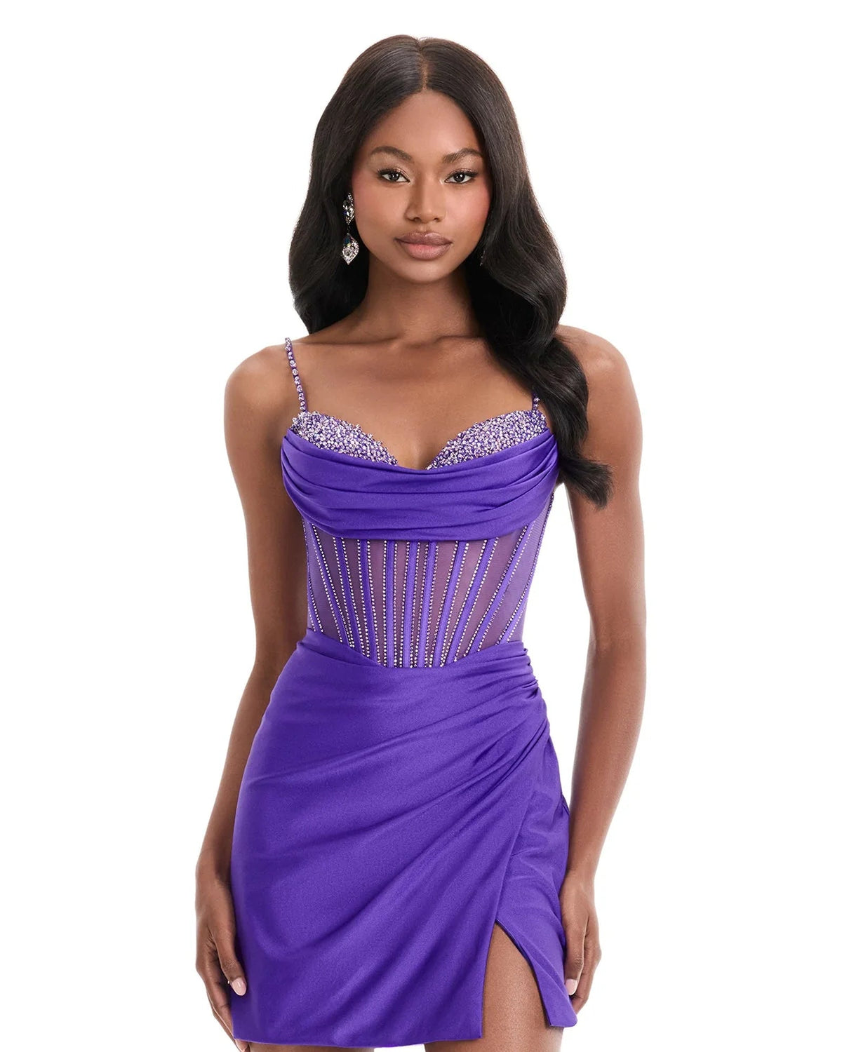 Purple satin mini homecoming dress with beaded sweetheart bodice and draped wrap skirt